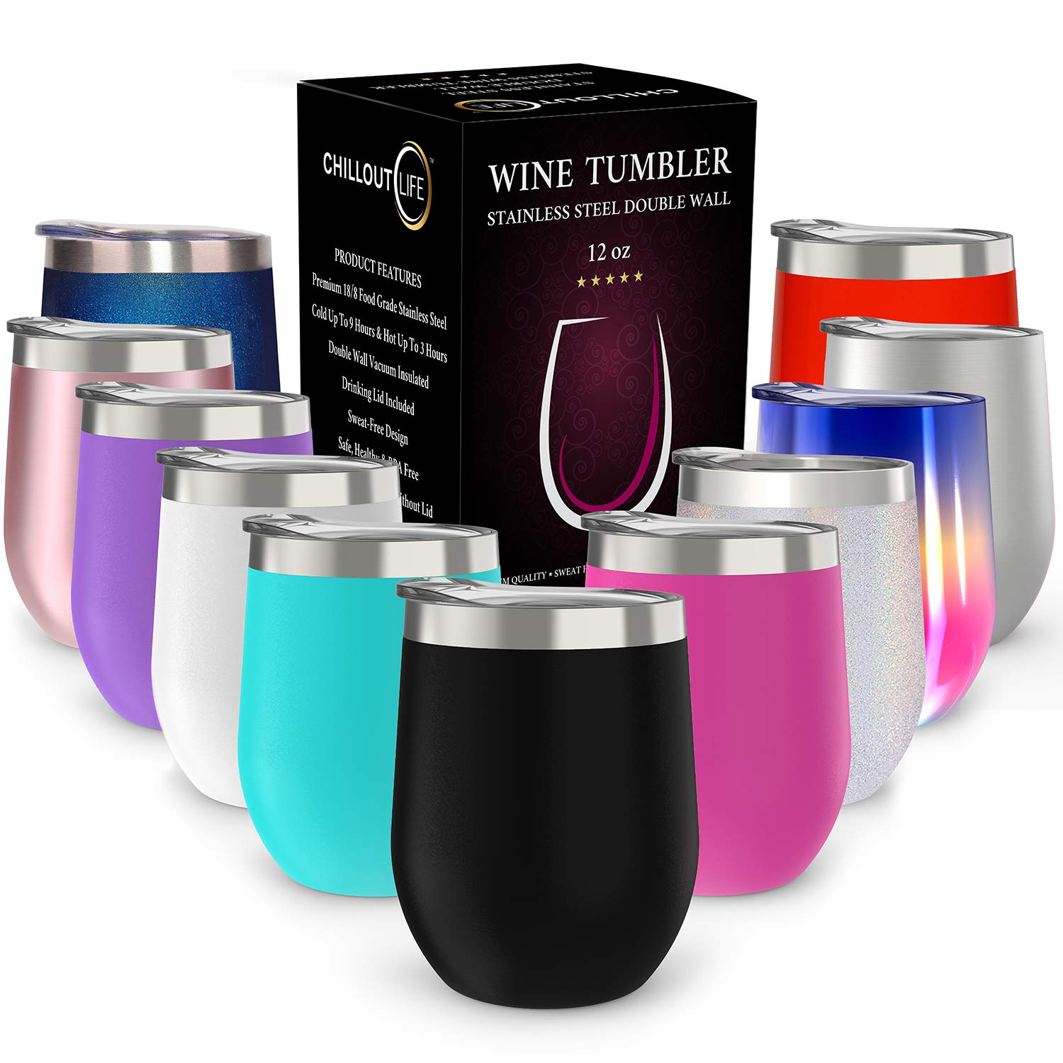 Vaso CHILLOUT LIFE 12 oz de acero inoxidable, ideal para vino gracias a su durabilidad.