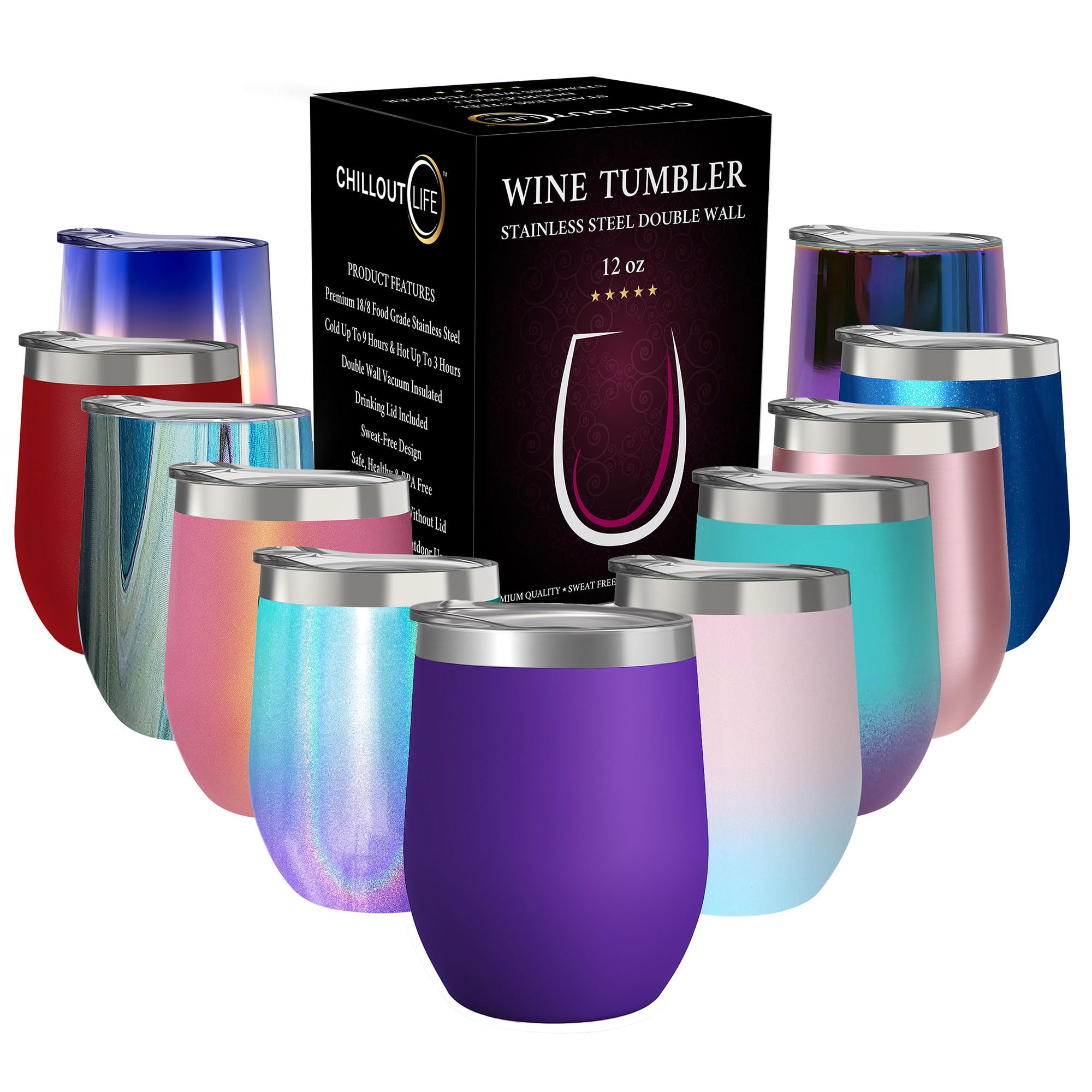 CHILLOUT LIFE vaso vino 12oz morado con tapa, ideal para exterior