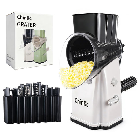ChinKc rallador rotativo frente con mango ergonómico para control cómodo.