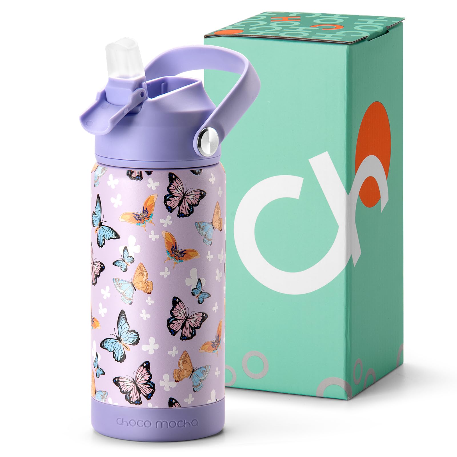 Botella Choco Mocha para niños con frente morado y mariposas, lista para la escuela.