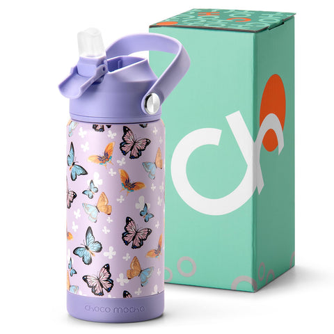 Botella Choco Mocha para niños con frente morado y mariposas, lista para la escuela.