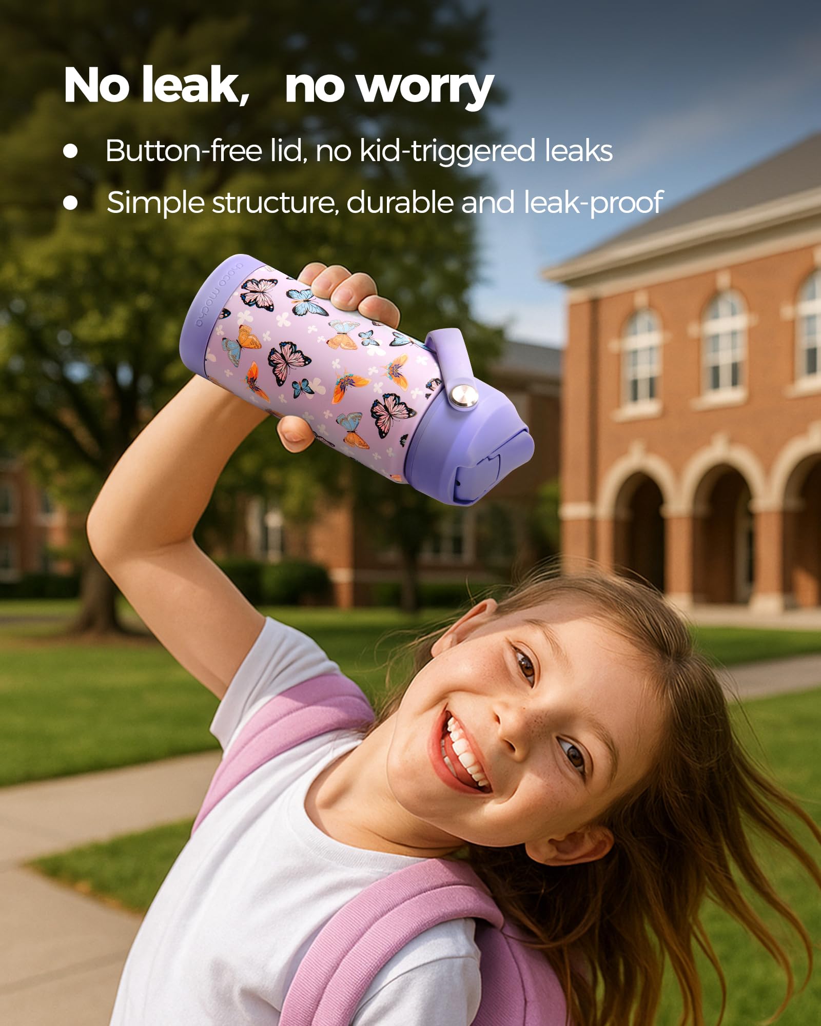 Botella Choco Mocha para niños con diseño morado en el costado, ideal para la mochila.