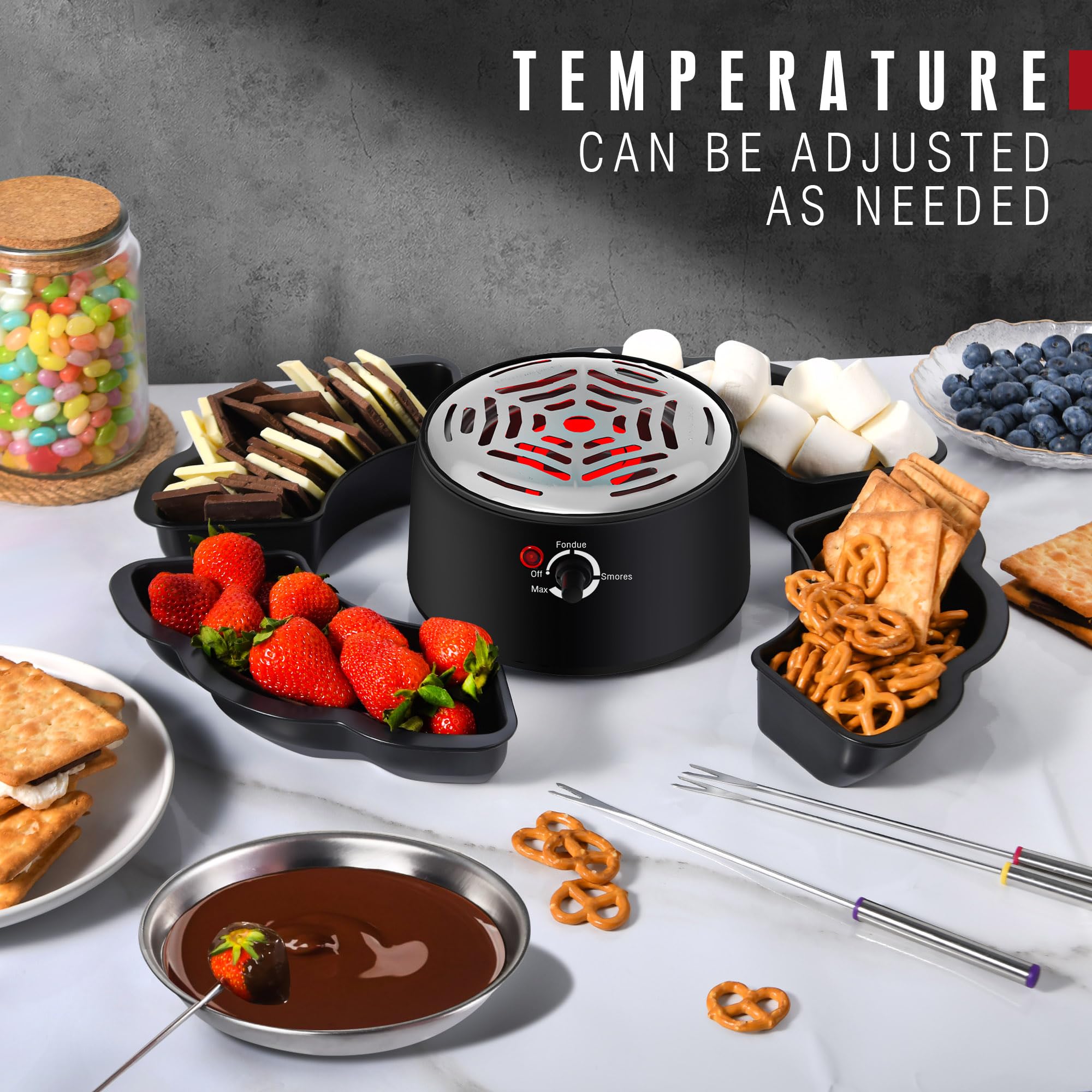 CHOCOSMORE calentador-sin-llama-ajustable ofrece fondue y malvaviscos con control