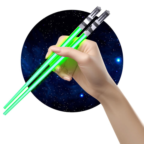 ChopSabers palillos iluminados verdes para cenas temáticas y diversión en casa.