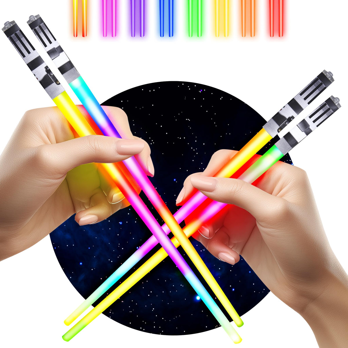 ChopSabers palillos iluminados listos para cenas divertidas de sushi.