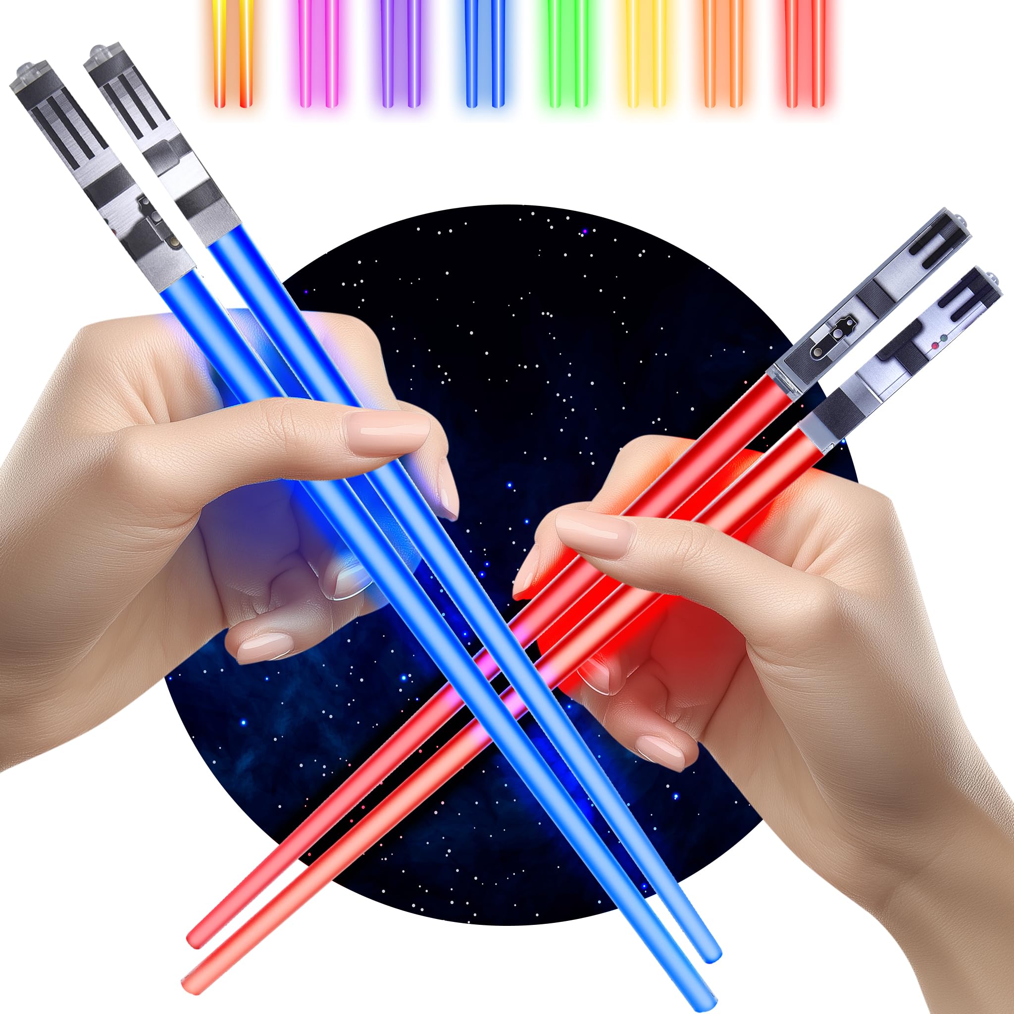 ChopSabers palillos luz azules para cenas temáticas y sushi divertido.