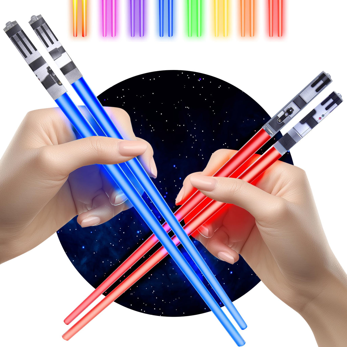 ChopSabers palillos luz azules para cenas temáticas y sushi divertido.