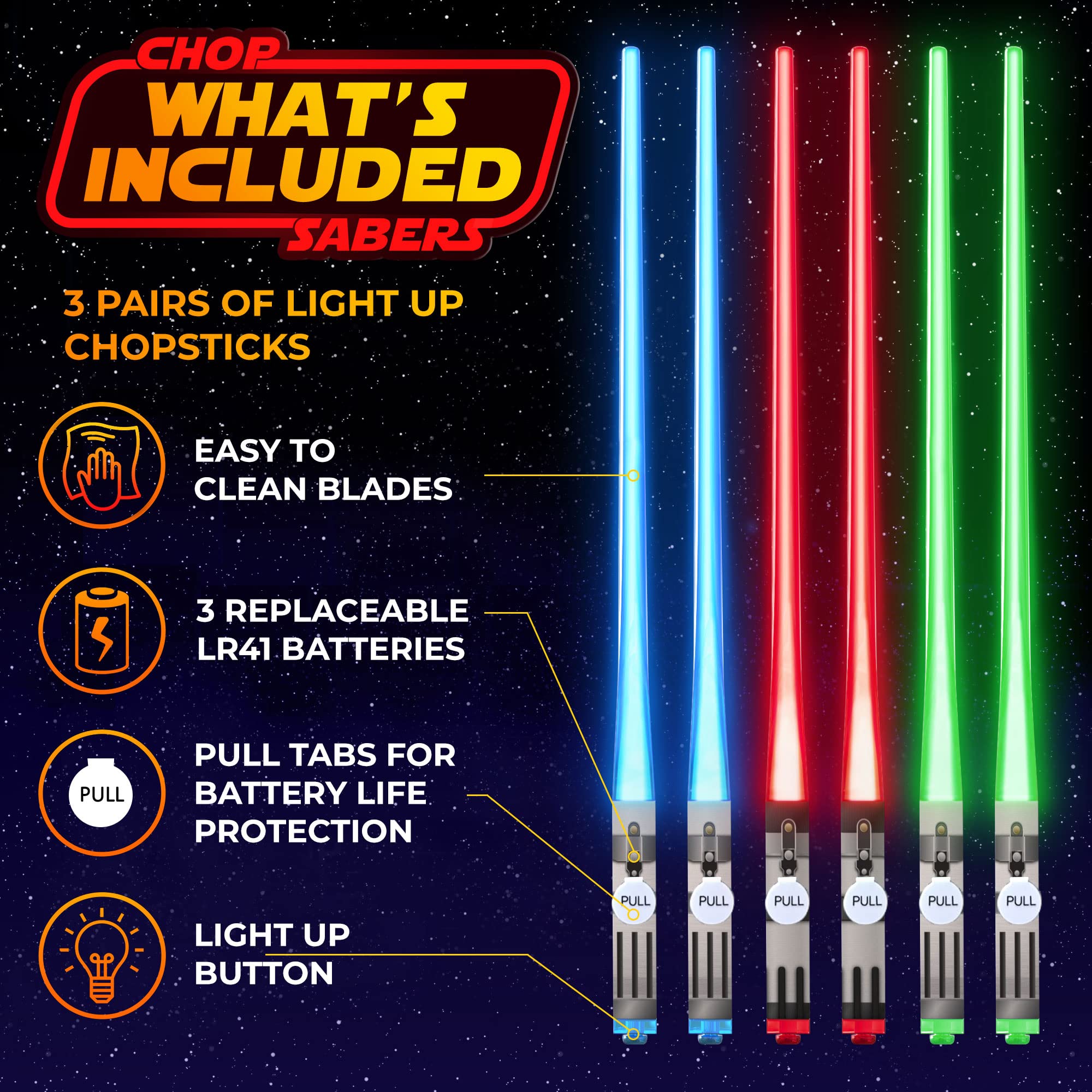 ChopSabers palillos luz sable libre de BPA para seguridad alimentaria