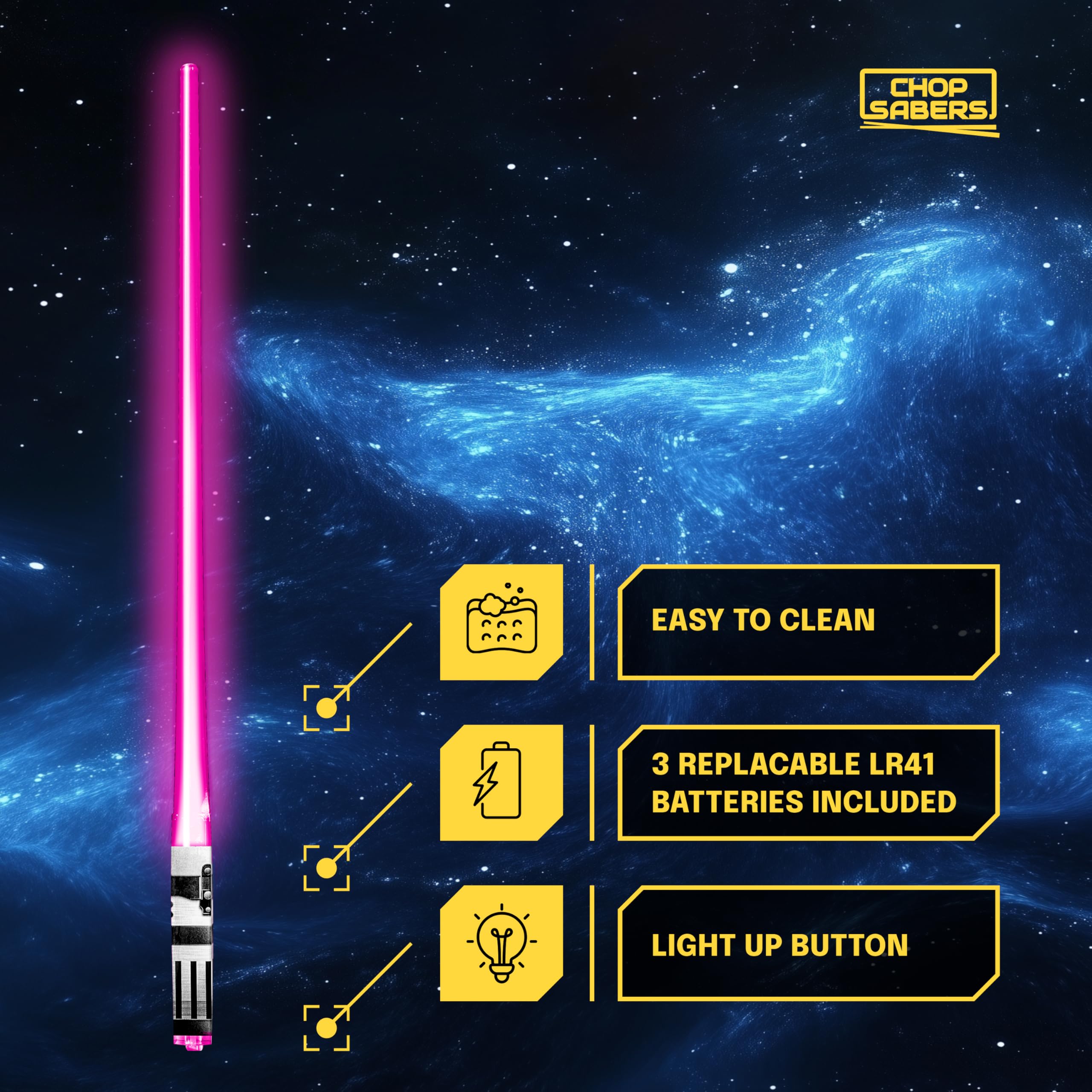 ChopSabers usuario sosteniendo palillos iluminados rosa para juego entre amigos
