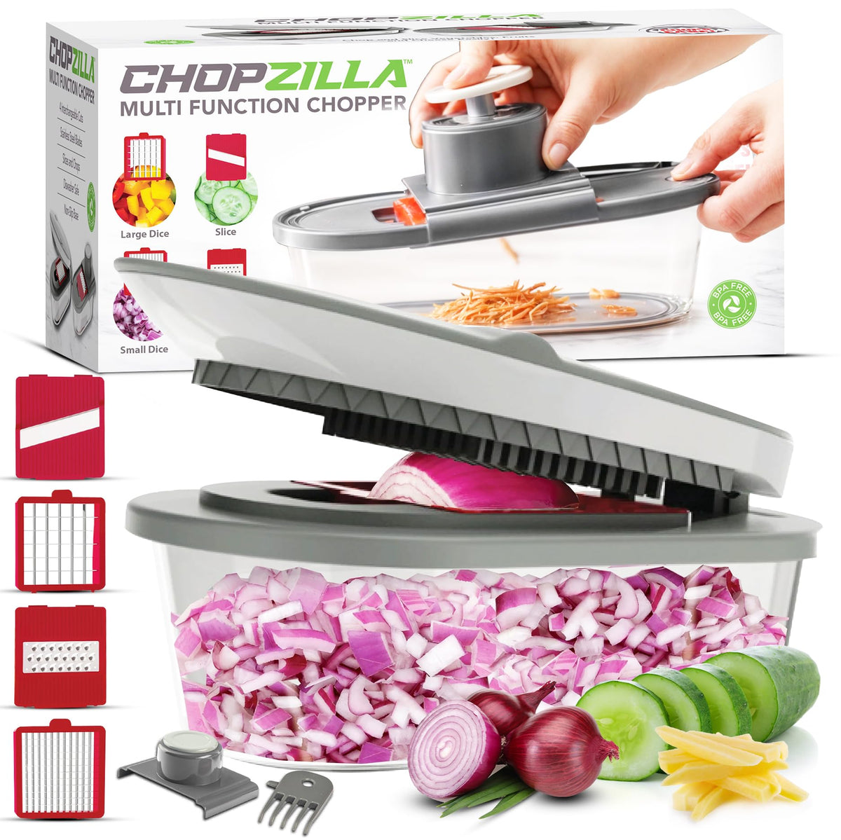 CHOPZILLA con cuatro hojas de acero inoxidable para cortes uniformes y rápidos.