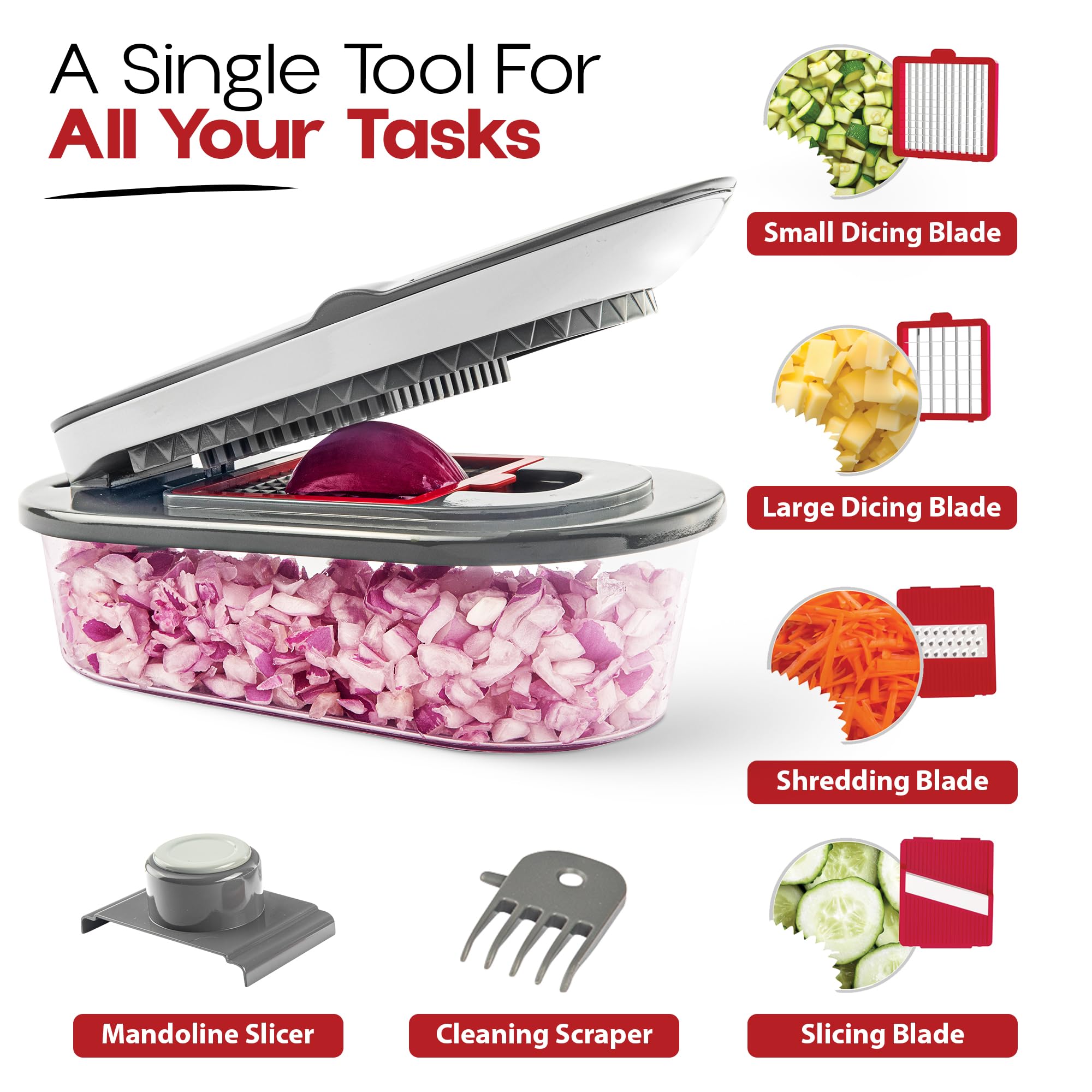 CHOPZILLA tapa de corte con contenedor para recoger ingredientes sin salpicaduras.