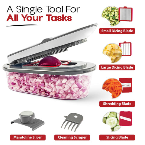 CHOPZILLA tapa de corte con contenedor para recoger ingredientes sin salpicaduras.