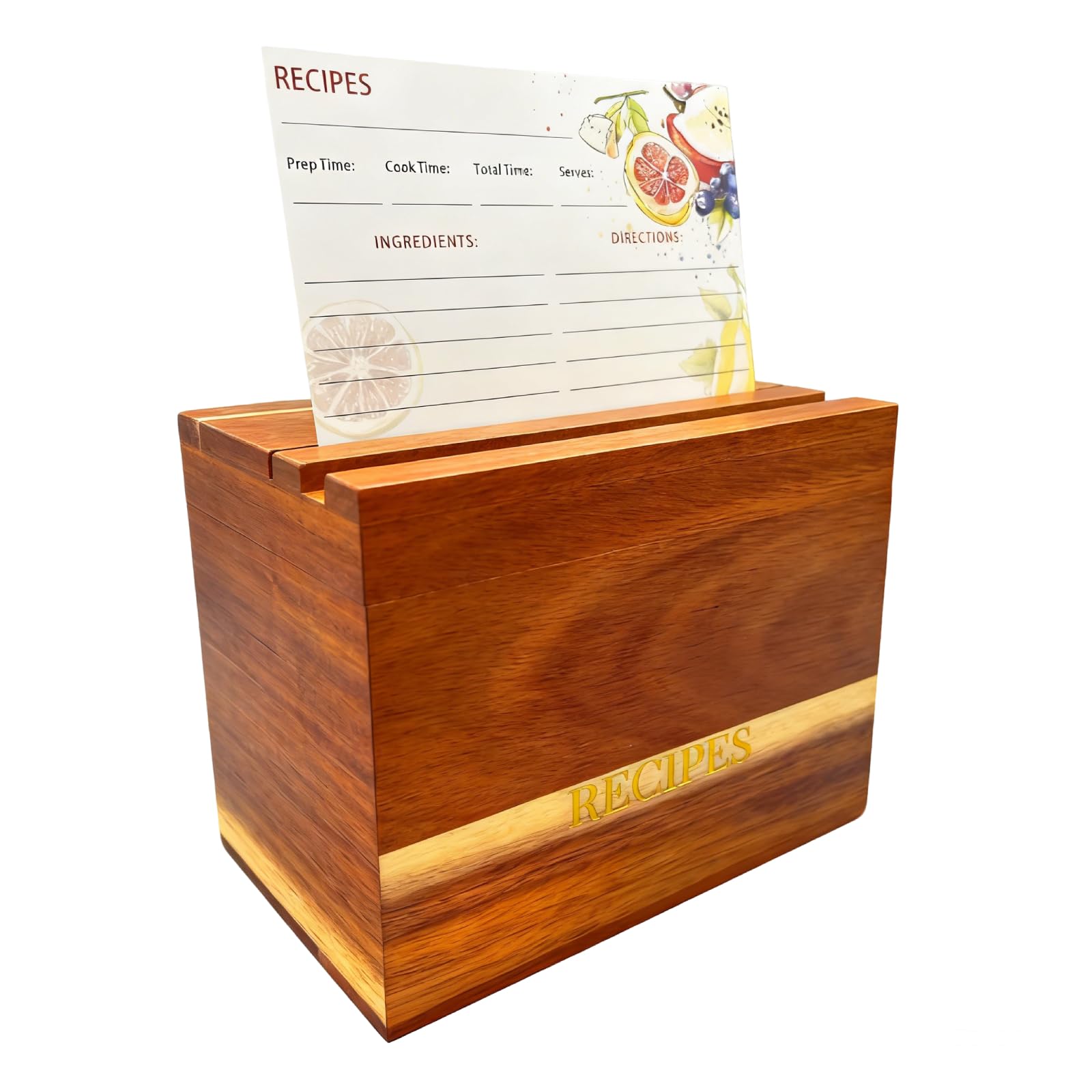 CHOUYUHE caja de recetas de acacia con tapa magnética mantiene seguras las tarjetas 6x4.