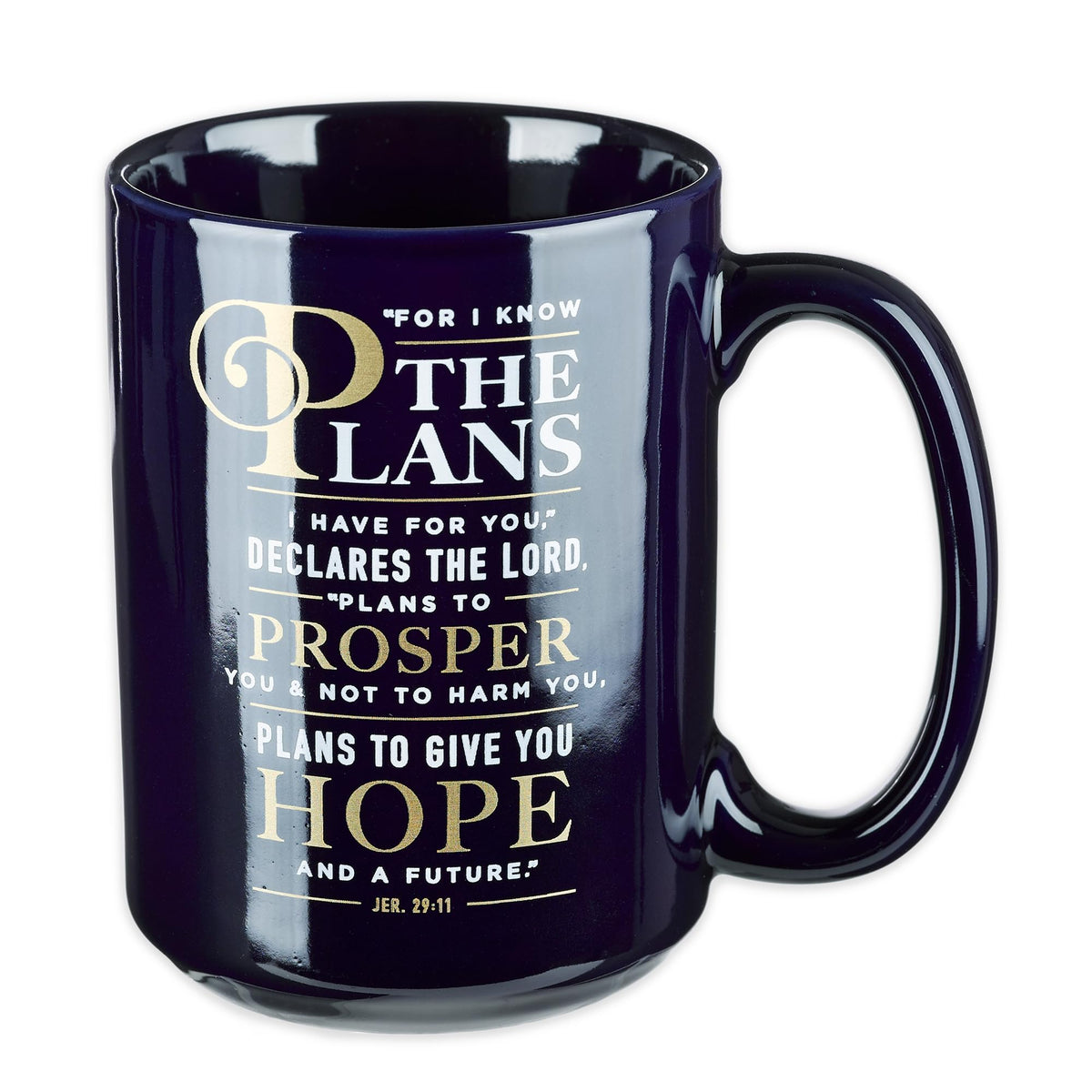 Taza de café Christian Art Gifts en azul marino, ideal para empezar el día.