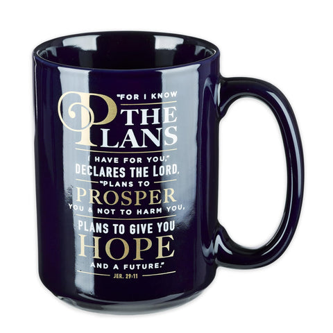 Taza de café Christian Art Gifts en azul marino, ideal para empezar el día.