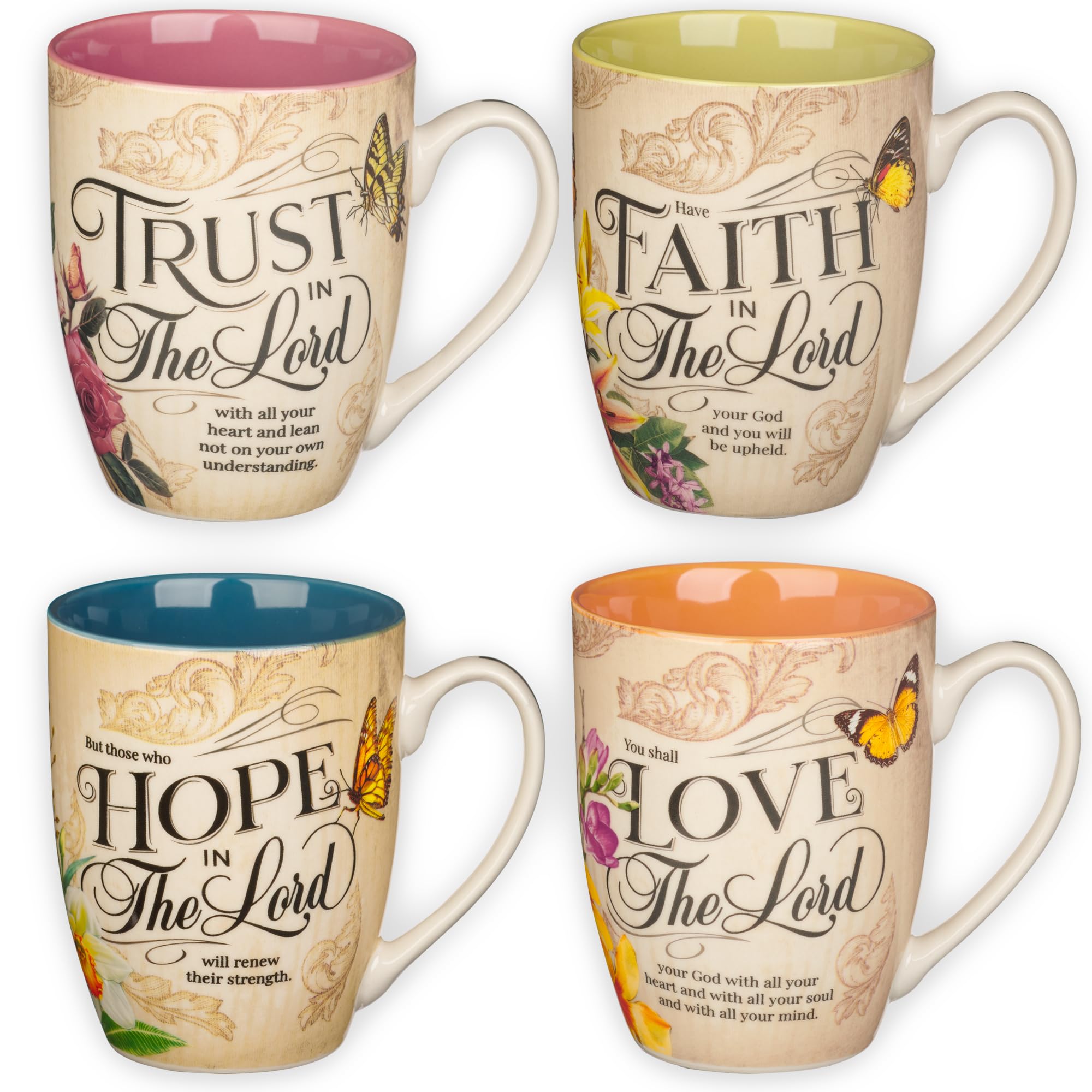 Taza Christian Art Gifts con flores y mariposas, ideal para café matutino.