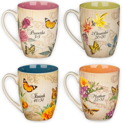 Taza Christian Art Gifts con flores multicolor y borde dorado, regalo perfecto para ocasiones.