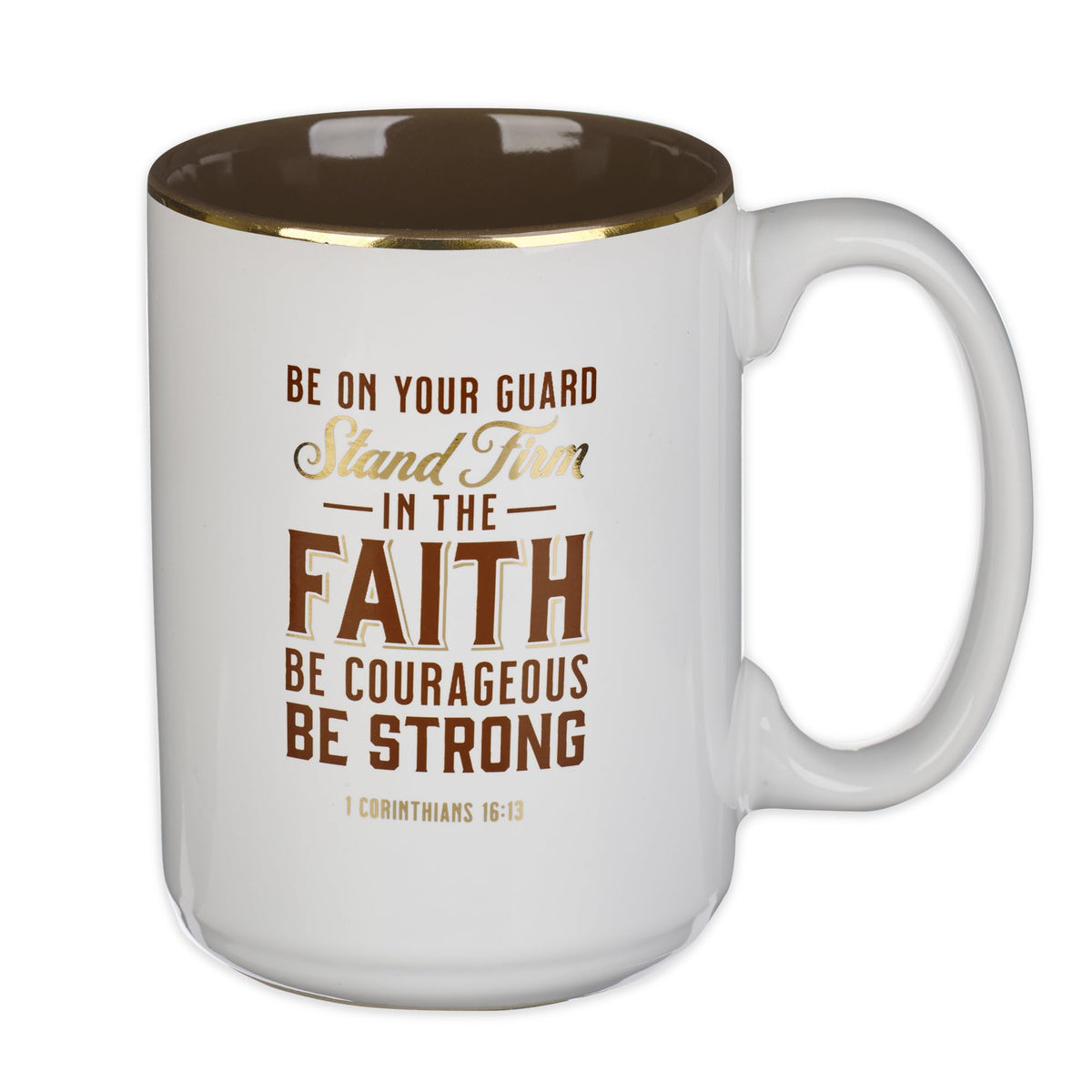Taza cerámica Christian Art Gifts con 1 Corintios 16:13, ideal para comenzar el día con mensaje inspirador.