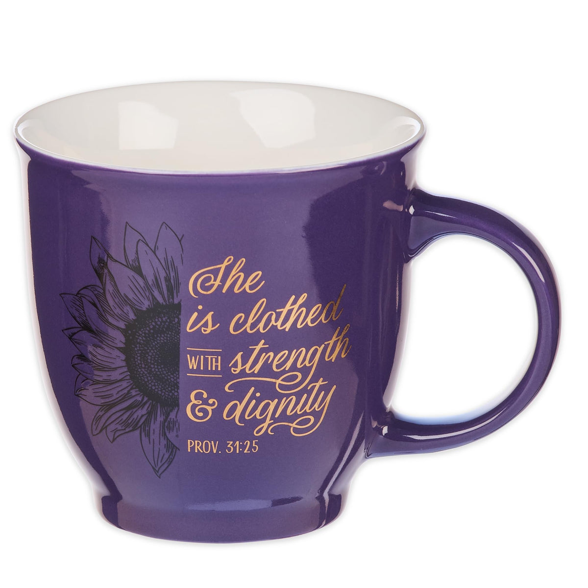 Taza Christian Art Gifts con girasol morado en frente, ideal para café diario