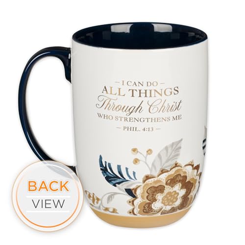 Christian Art Gifts: taza con florales marrón y azul alrededor de la base