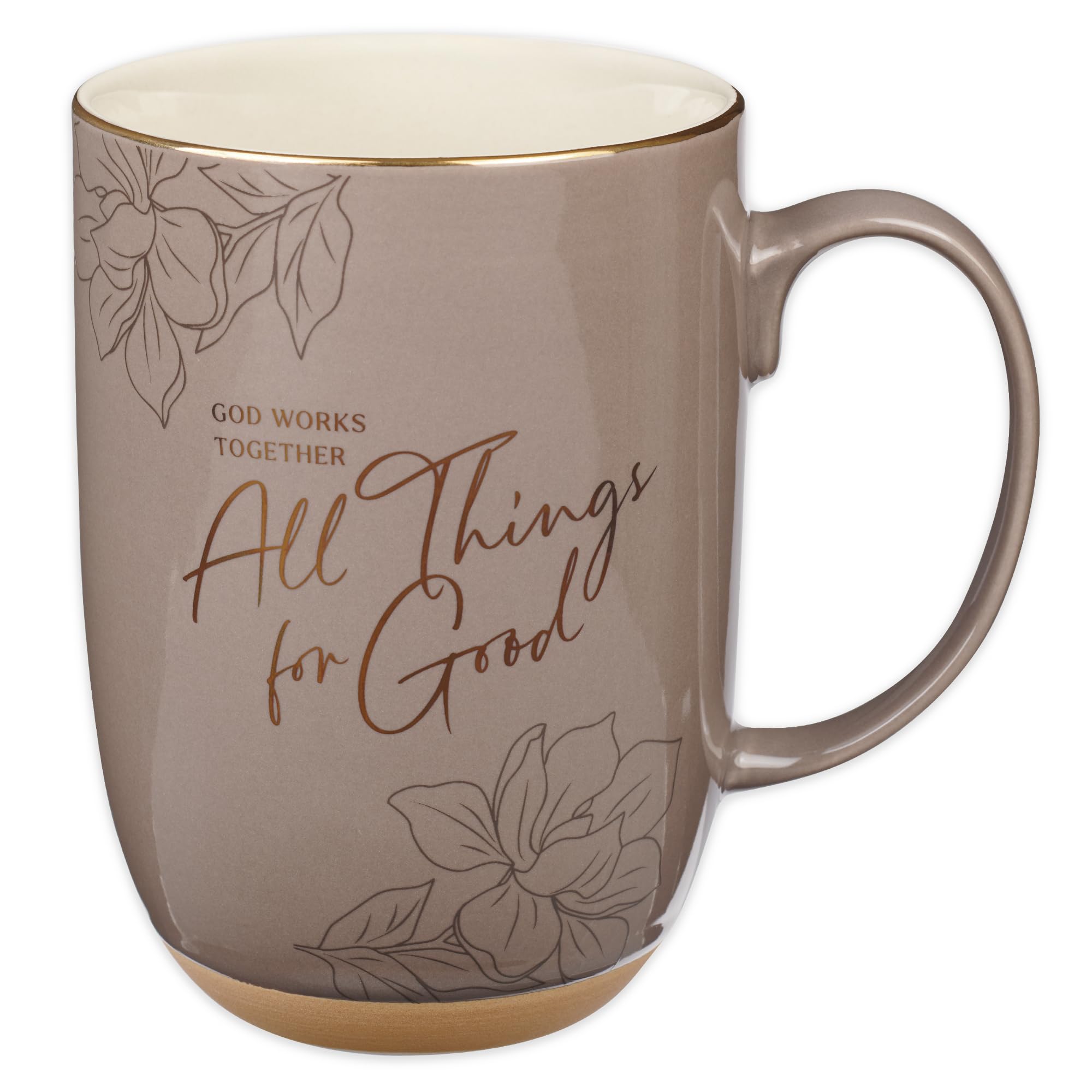 Taza Christian Art Gifts con versículo en oro para reflexión matutina.