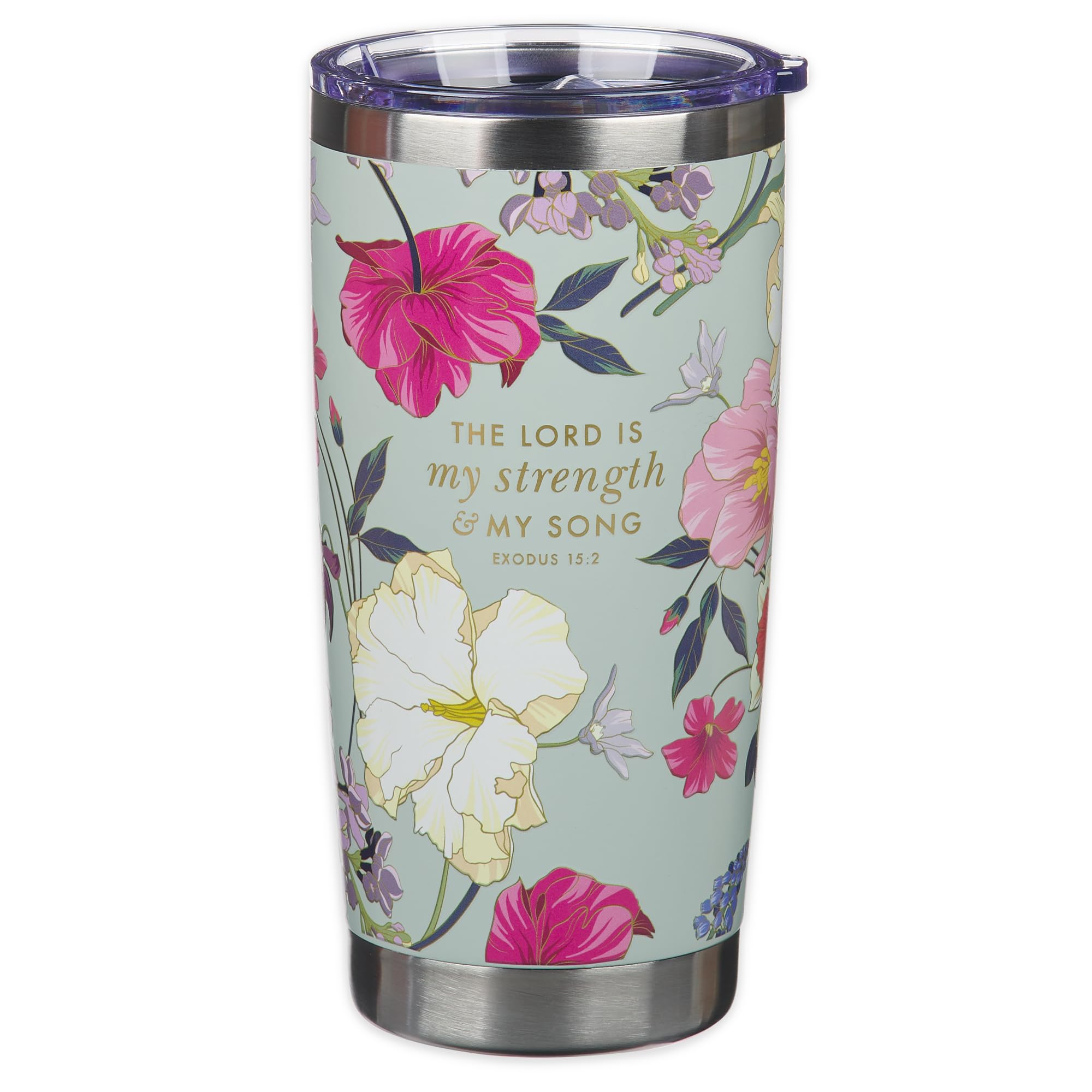 Taza de viaje Christian Art Gifts con frase Éxodo 15:2 para motivación diaria.