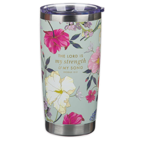 Taza de viaje Christian Art Gifts con frase Éxodo 15:2 para motivación diaria.