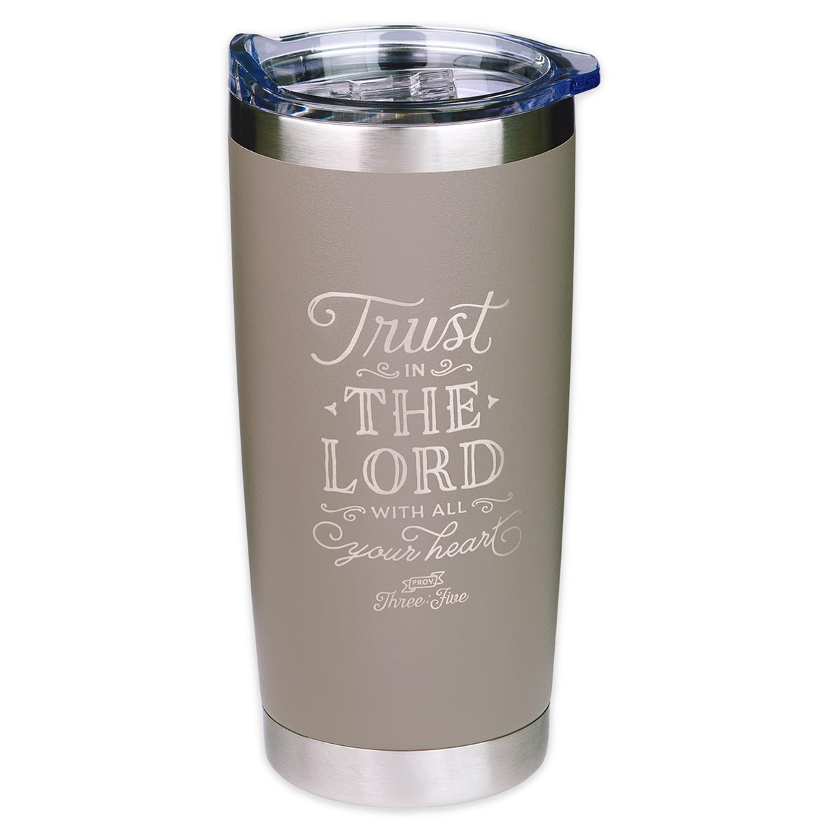 Christian Art Gifts, taza de viaje con Proverbios 3:5, diseño plateado elegante para viajar.