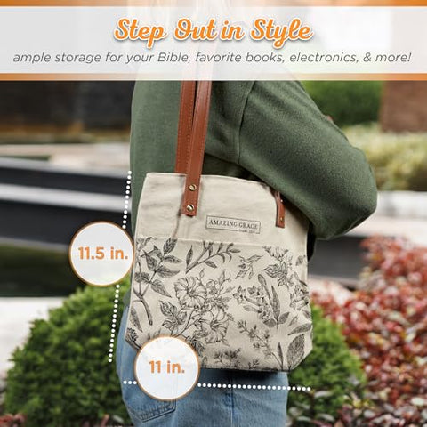 Tote Christian Art Gifts Amazing Grace frontal, elegante para iglesia o clase.