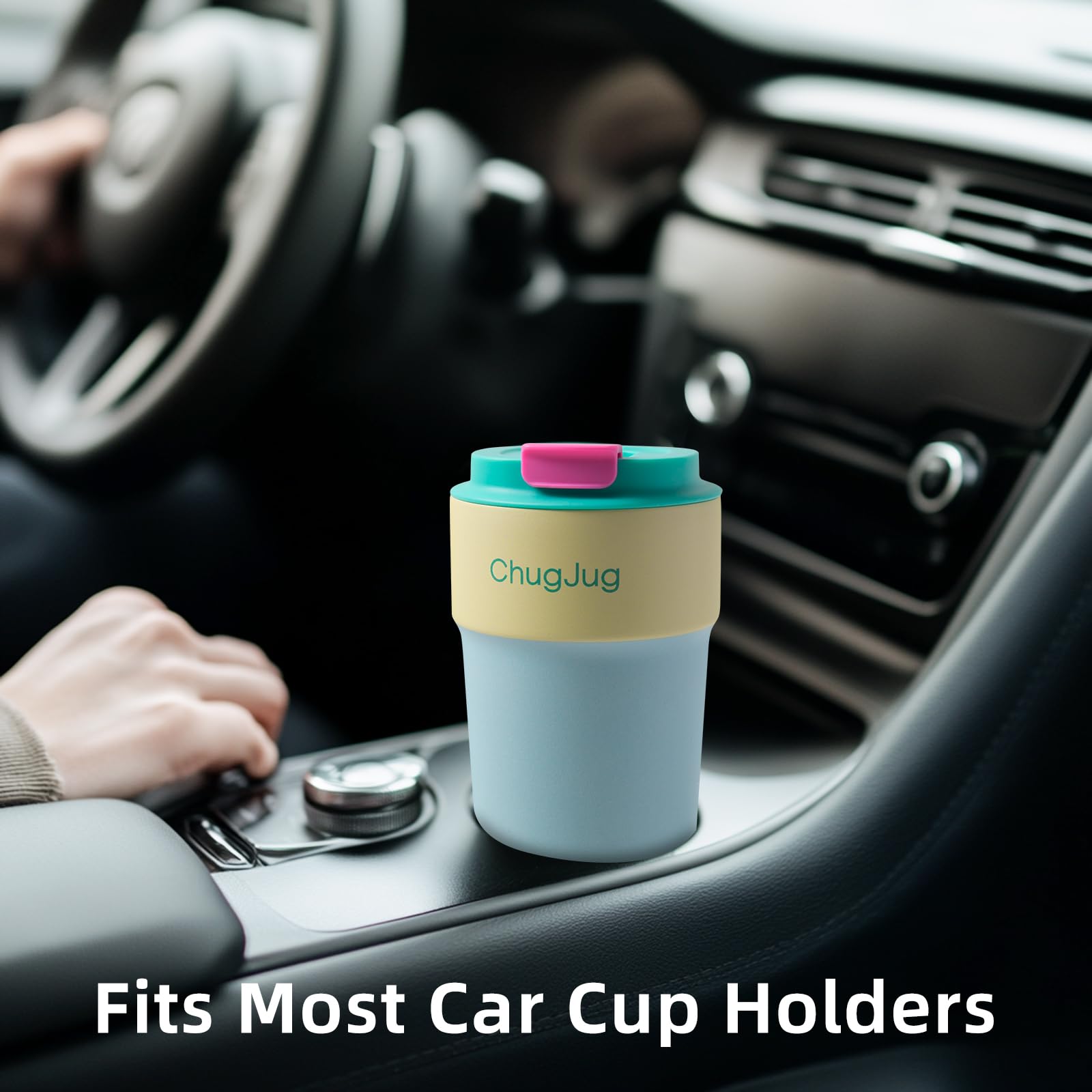 ChugJug compatible con porta vasos de coche para viajes seguros.