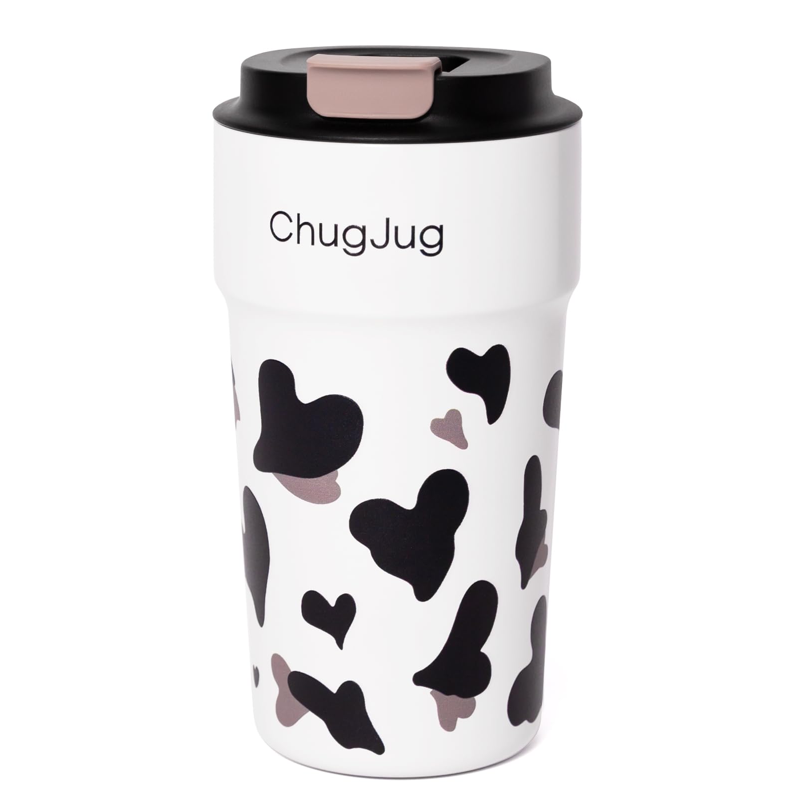 Taza de viaje ChugJug con estampado de vaca para conservar el sabor en ruta