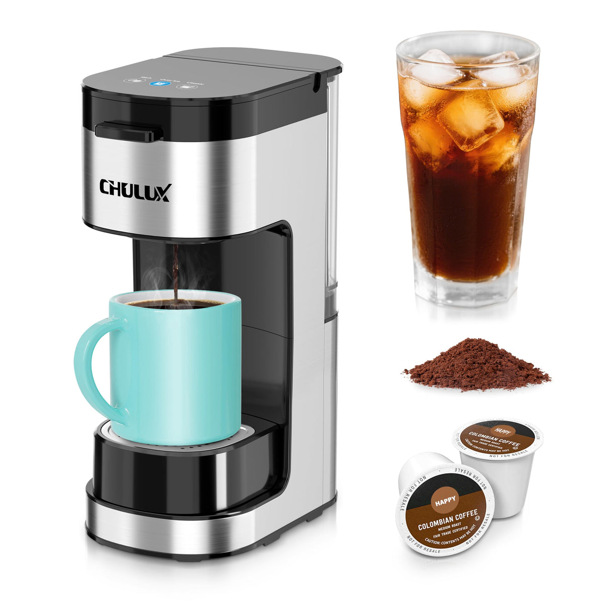 Cafetera CHULUX vista frontal con diseño compacto para cocinas pequeñas.