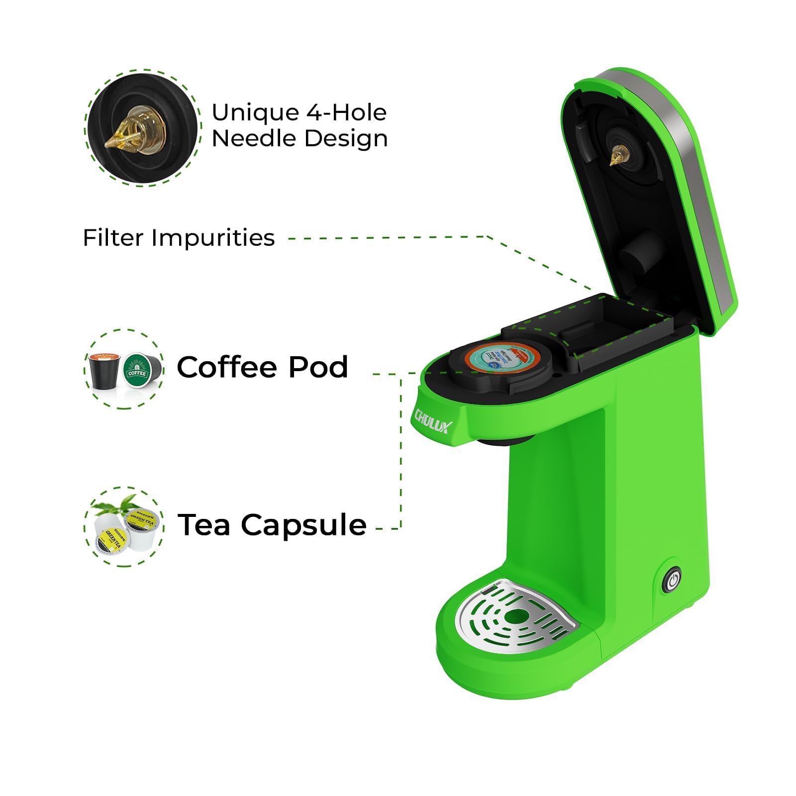 CHULUX cafetera tanque-agua-12oz: reserva de agua integrada para mayor comodidad.