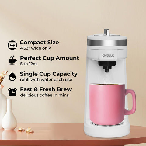 CHULUX Mini cafetera con botón único para preparación rápida.