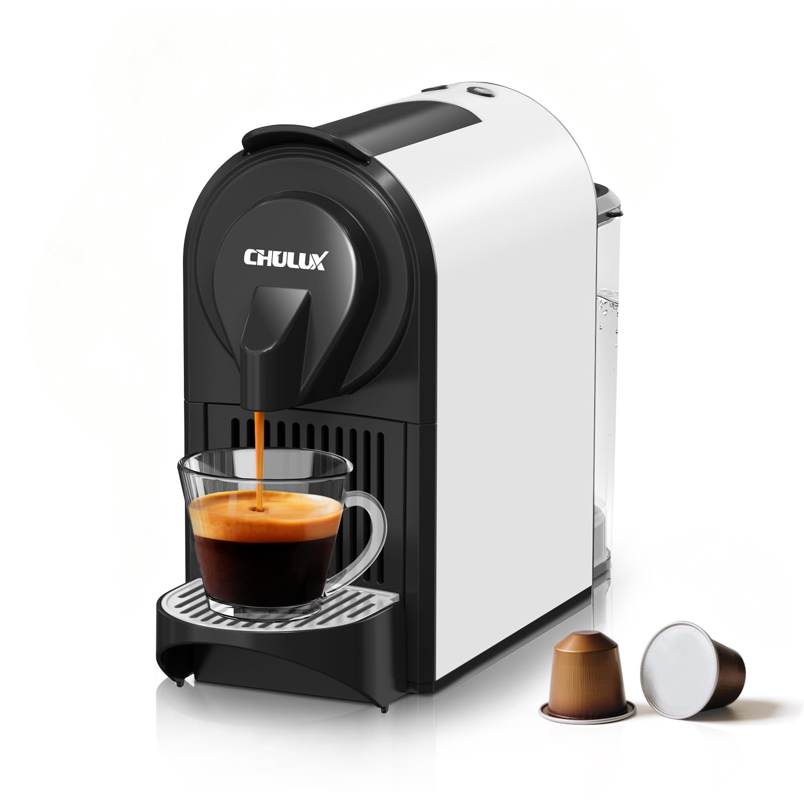 CHULUX mini cafetera espresso, vista frontal, presión de 20 bares para crema rica