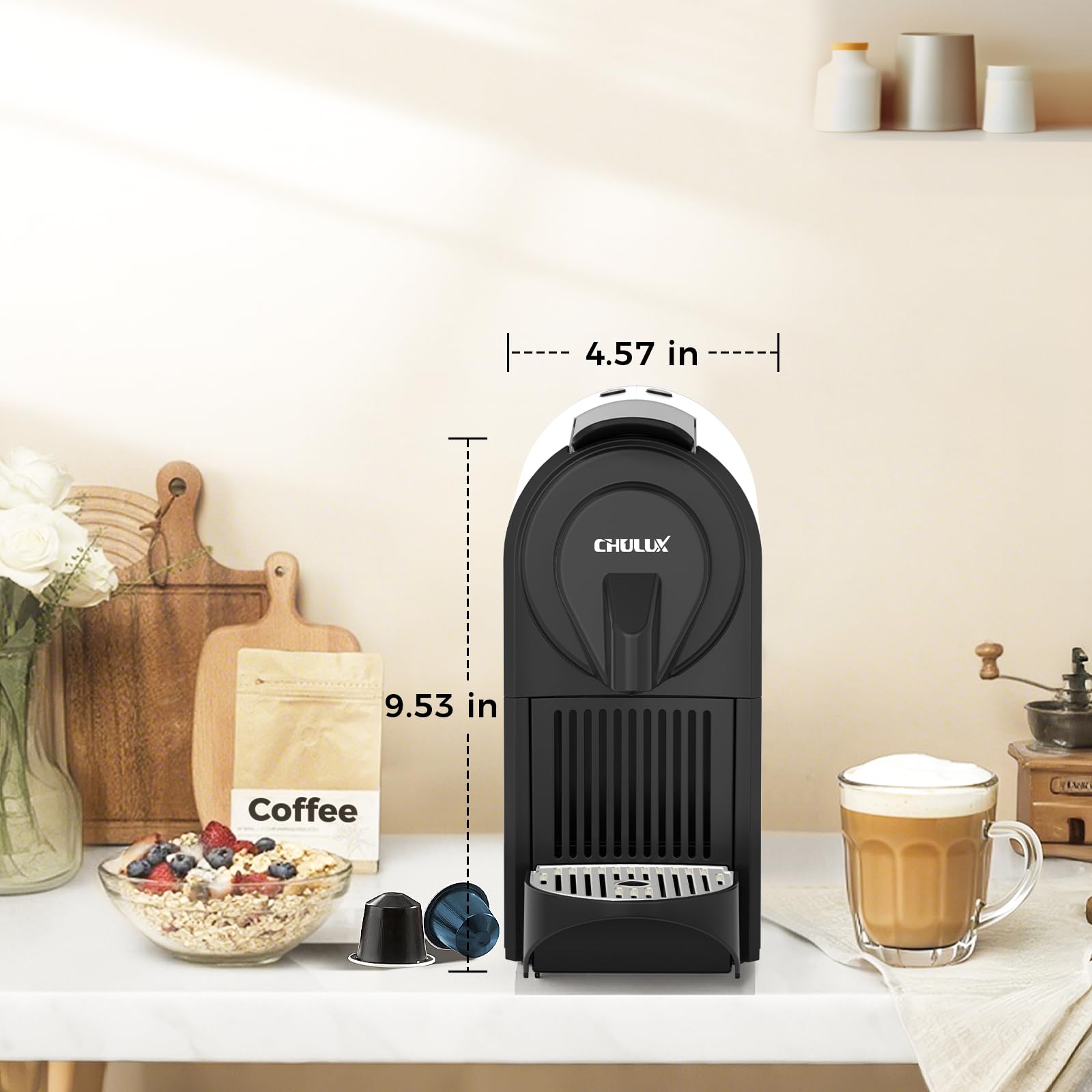 CHULUX mini cafetera espresso, contenedor de cápsulas usadas para limpieza sencilla