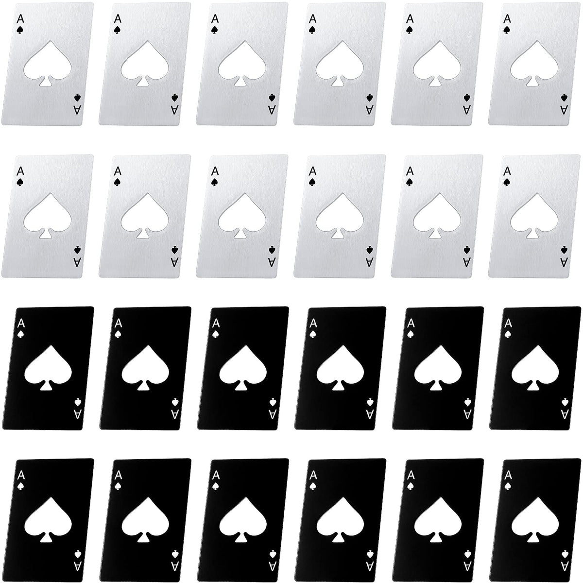 Abrebotellas Chumia de cartas de poker, conjunto de 24 piezas en plata y negro.
