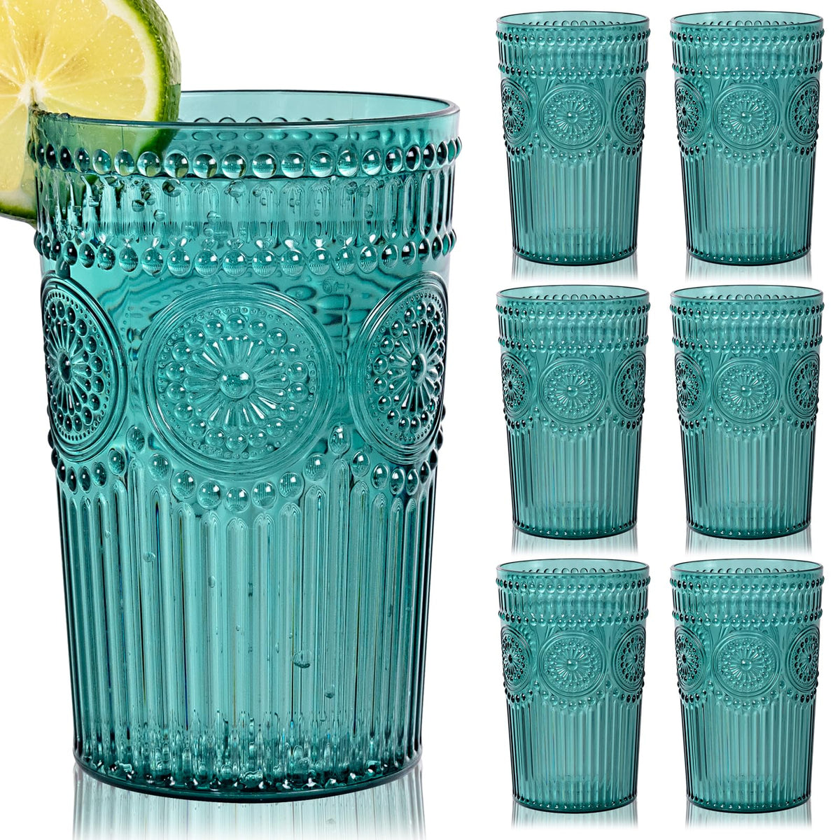 Jarras Ciaell de plástico con relieve vintage en verde, ideales para bebidas refrescantes y presentación elegante.