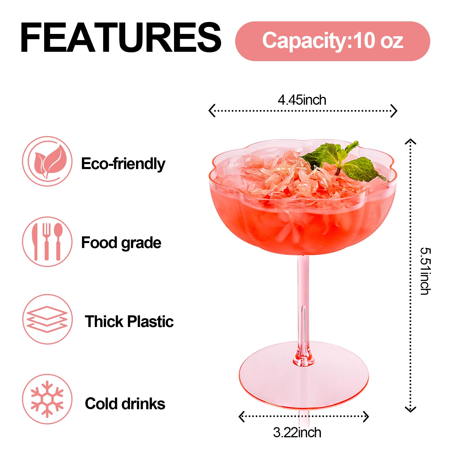 Vaso martini plástico rosa de Ciaell con borde pétalo para presentación elegante.