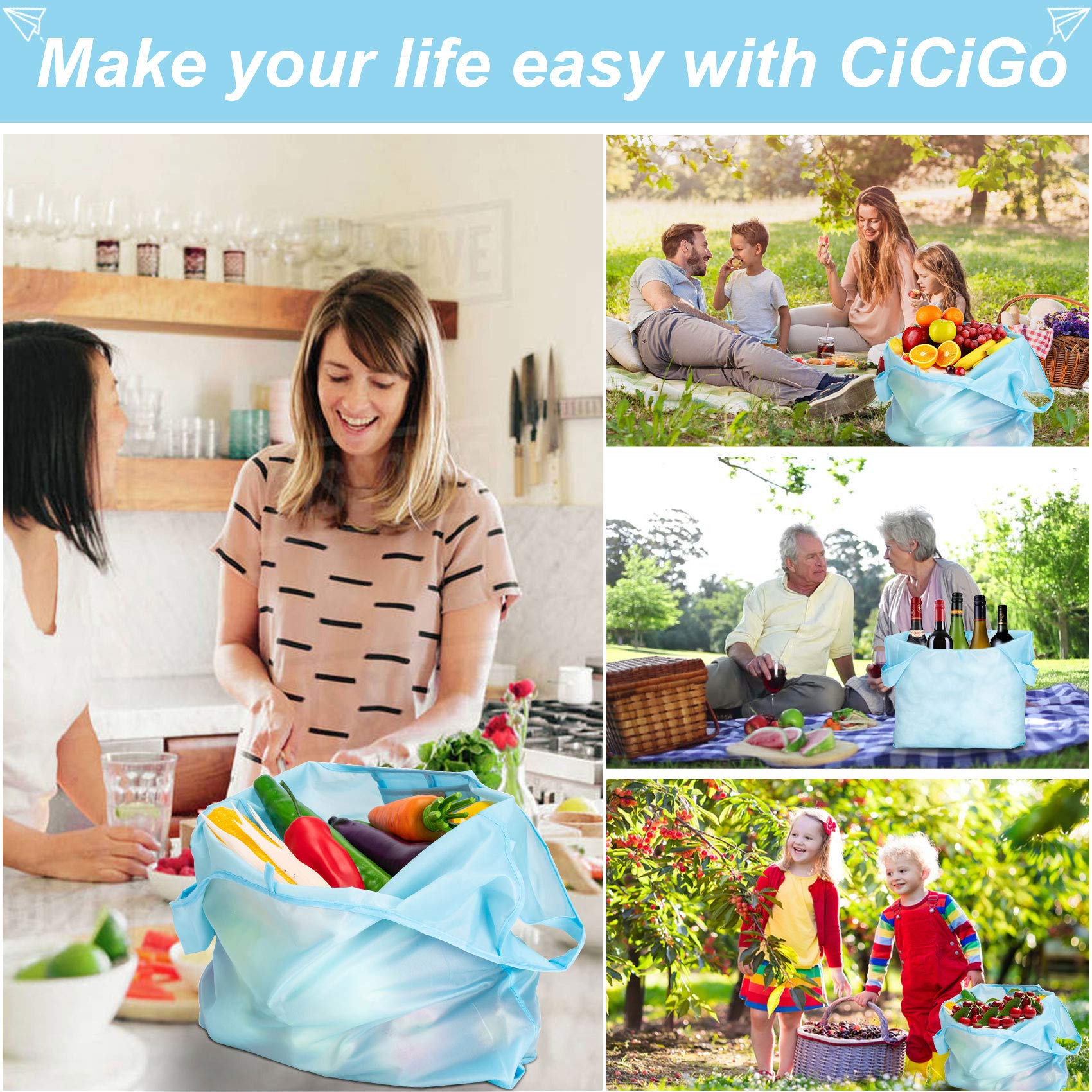 CiCiGo bolsas reutilizables de seis colores, perfectas para organizar compras por categoría.