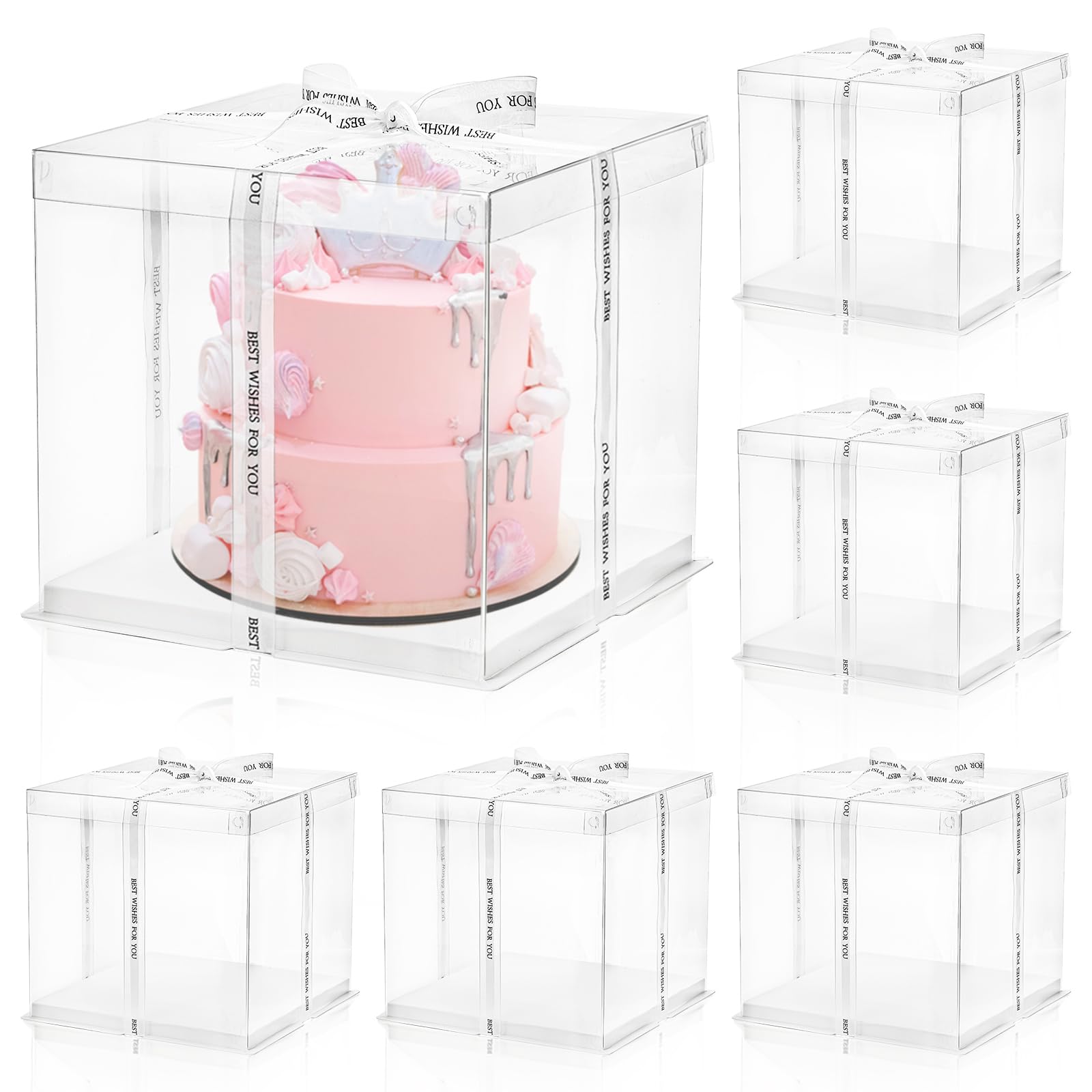 Cididu caja torta transparente con cinta blanca, ideal para regalo y transporte.