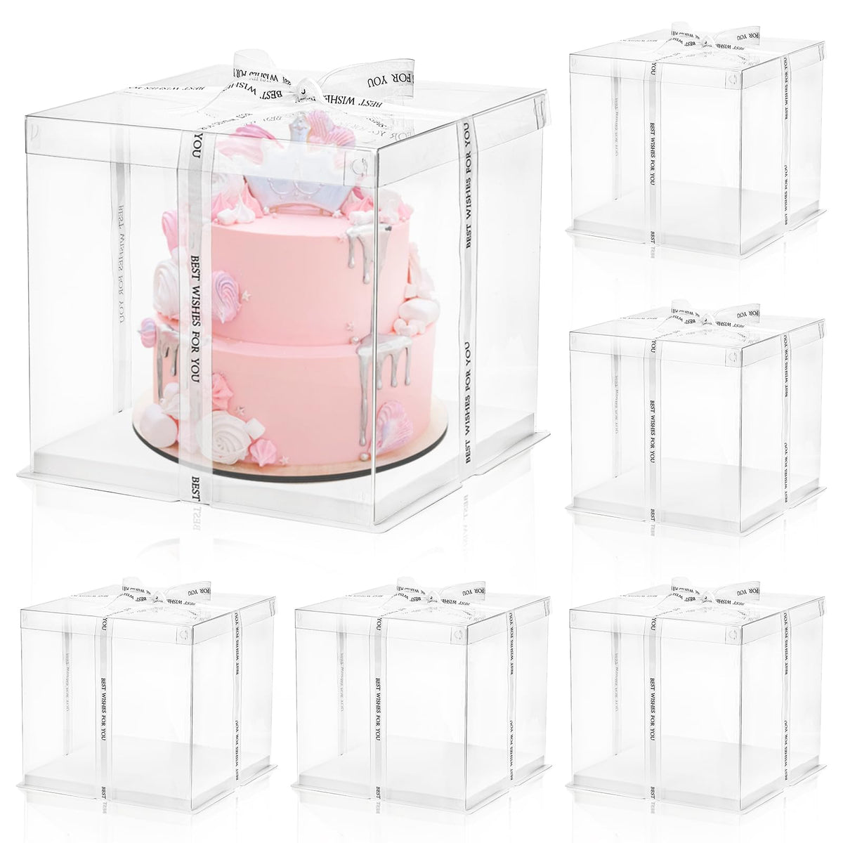 Cididu caja torta transparente con cinta blanca, ideal para regalo y transporte.