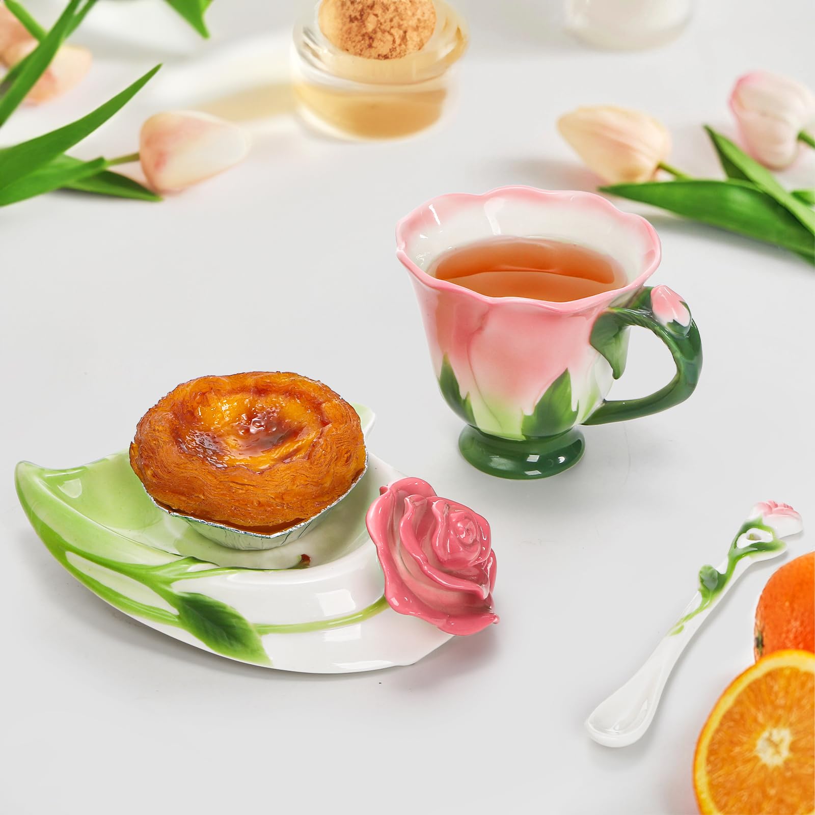 Cididu taza rosa con manija floral, agarre cómodo