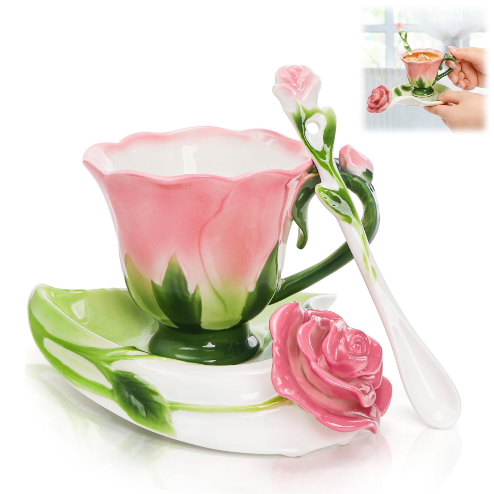 Cididu tazas te rosas con platillo y cuchara, ideal para té de tarde en casa