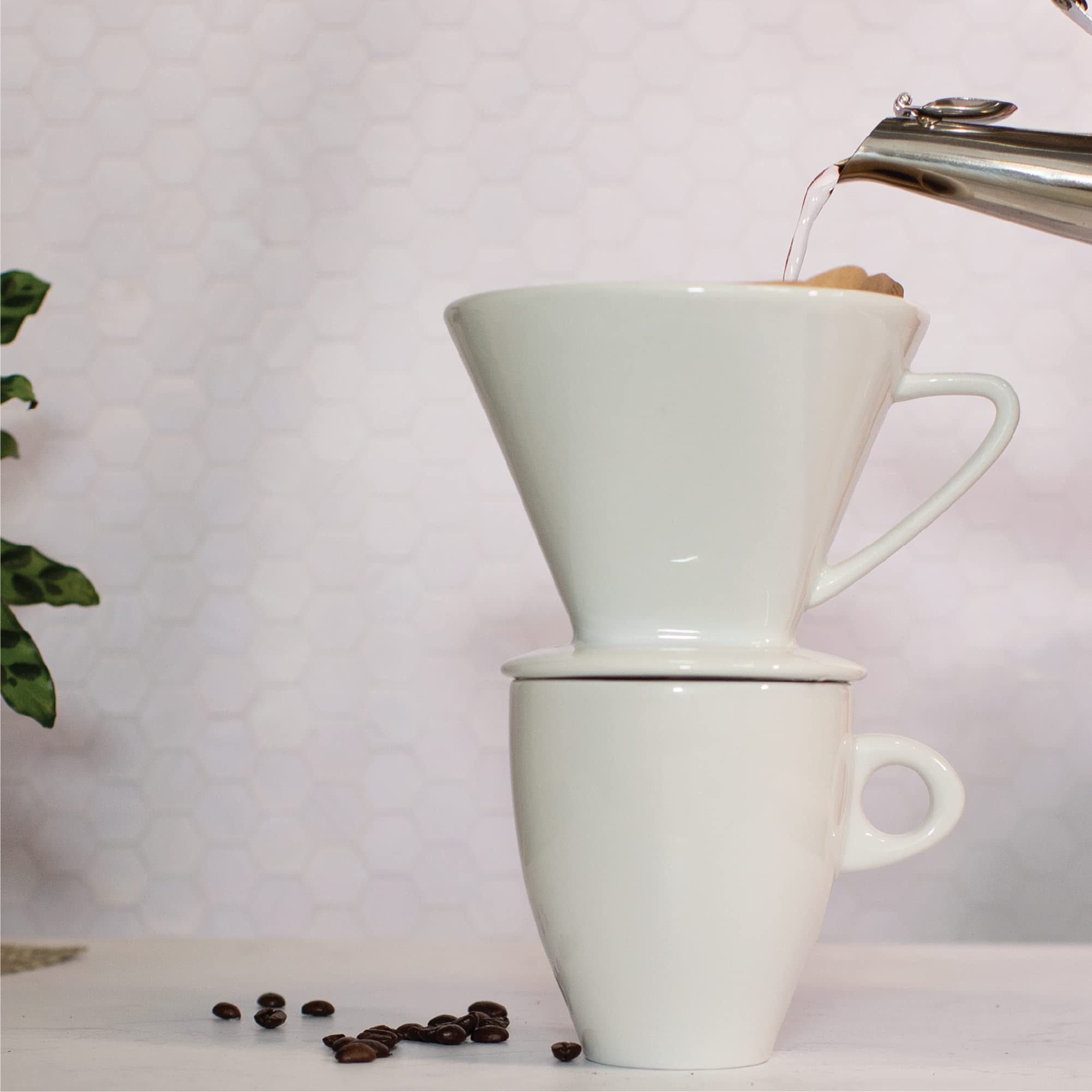 Cilio filtro de porcelana blanco para vertido manual, compatible con tazas y jarras para servir.