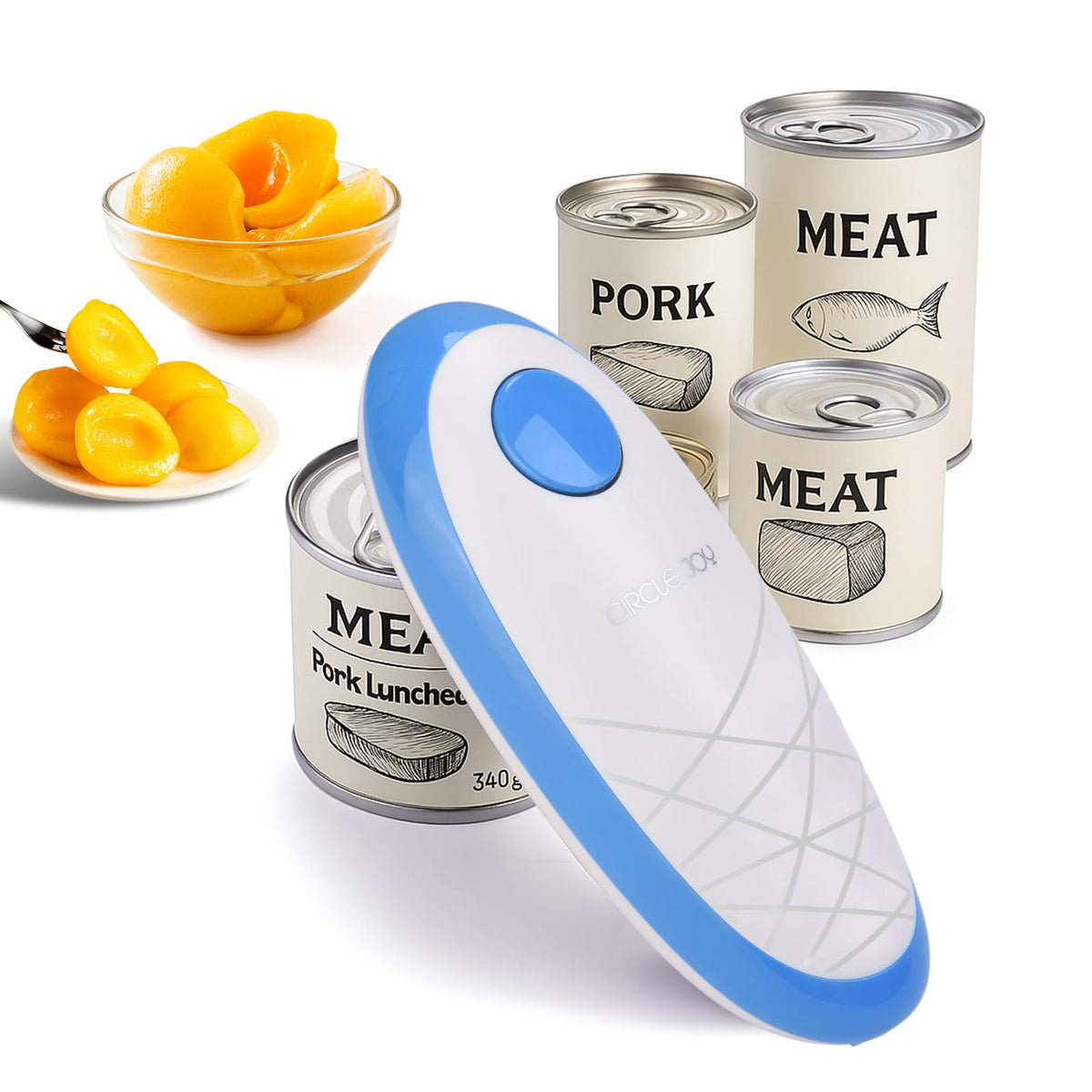 Circle Joy abre-latas con una pulsación, borde limpio para mayor seguridad.