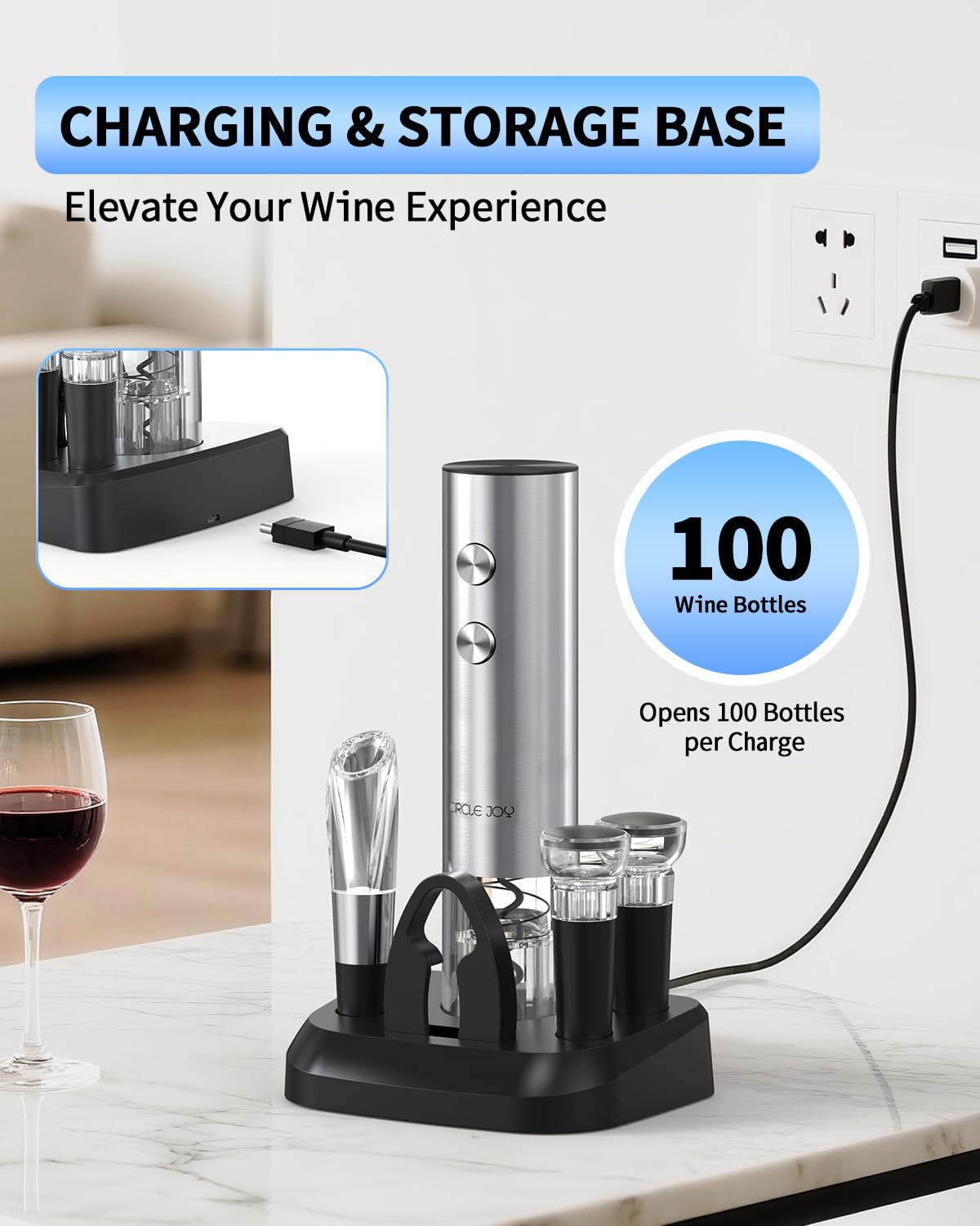 Circle Joy abre-vino eléctrico en acción para abrir botellas estándar sin esfuerzo.