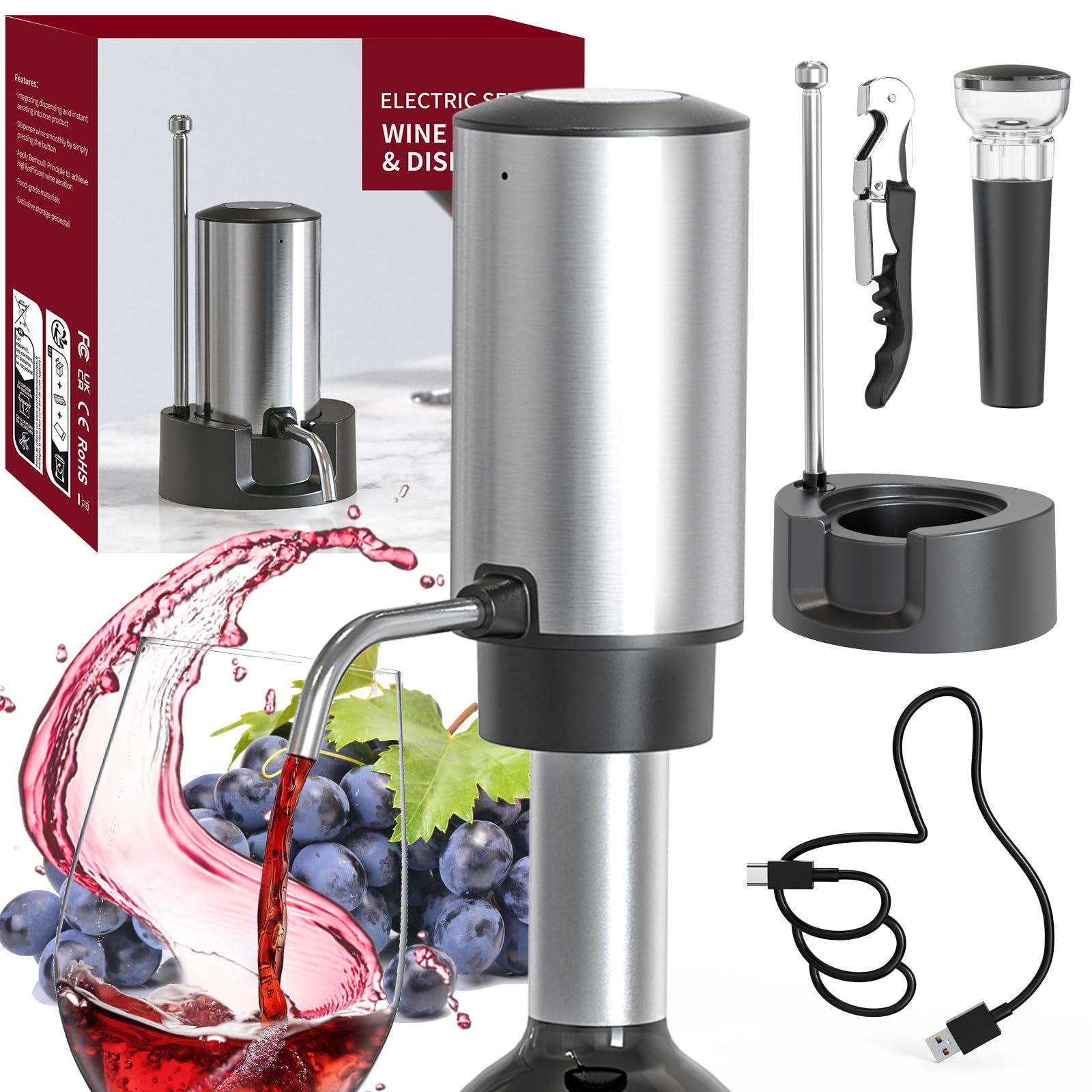 CIRCLE JOY aerador de vino plateado listo para servir.