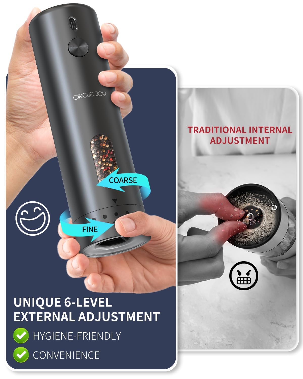 Circle Joy ajuste externo de grosor para moler sin tocar los granos.