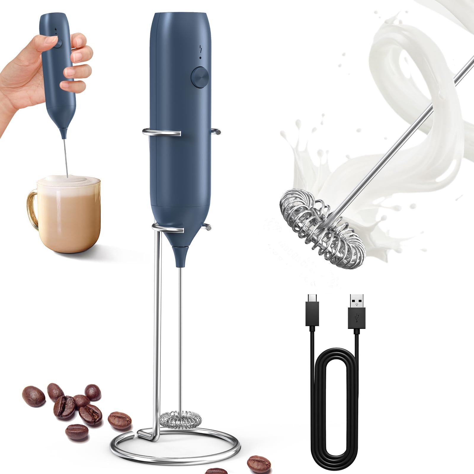 CIRCLE JOY batidora leche recargable a mano con soporte para almacenamiento práctico.